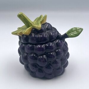 Harry & David Purple Grape Jar Container Green Leaf Handle Ceramic w/Spoon & Lid